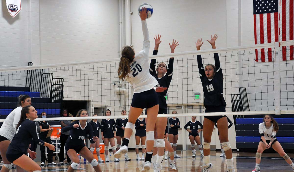 Photo: Makenna Bauer hits past a Mount Aloysius block during Wednesday's win in the Adler Arena.